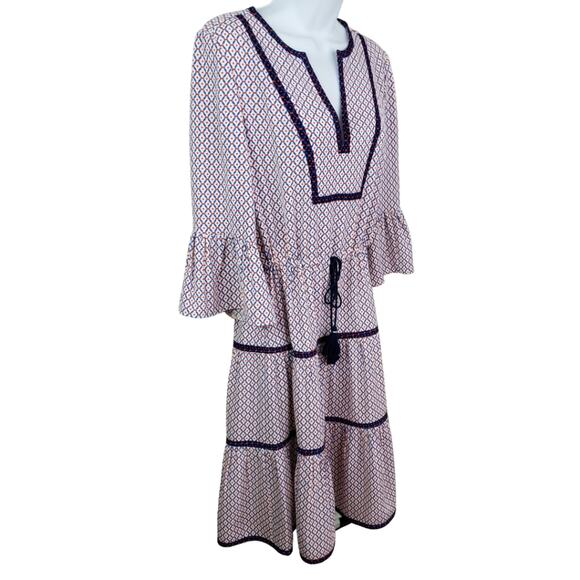 Tory Burch Tiered Printed Midi Dress Size 0 Drawstring Waist 3/4 Flutter Sleeve - Picture 2 of 5